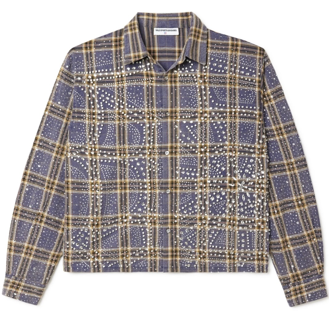 Front view of VALE FOREVER Moonlight Flannel shirt in navy and mustard plaid with scattered white embellishments